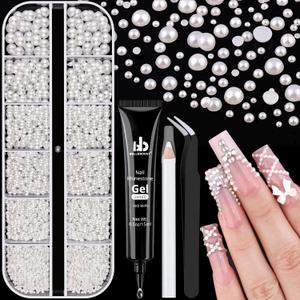 Flatback Pearls for Nail Art with Rhinestones Glue Gel, Half Round Nail White Pearls with Pickup Pencil and Tweezers, Pearls Nail Charms Accessories for Acrylics Manicure Face Hair Crafts Decor