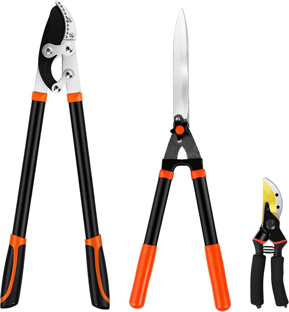 EWPJDK Loppers Hedge Shears & Pruners Combo Set 3-Piece Hedge Clippers, Heavy Duty Tree & Shrub Care Kit for Yard, Lawn & Garden, Professional Branch Cutter Tree Trimmer (Orange)