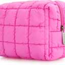 E-Tree Cute Makeup Bag,Quilted Cosmetic Bag,Make up Pouch for Purse,Toiletry Zipper Pouch,Checkered Bag,Travel Case,Storage Pouches for Organization (Hot Pink) (7.5 x 5.5 x 3.5)