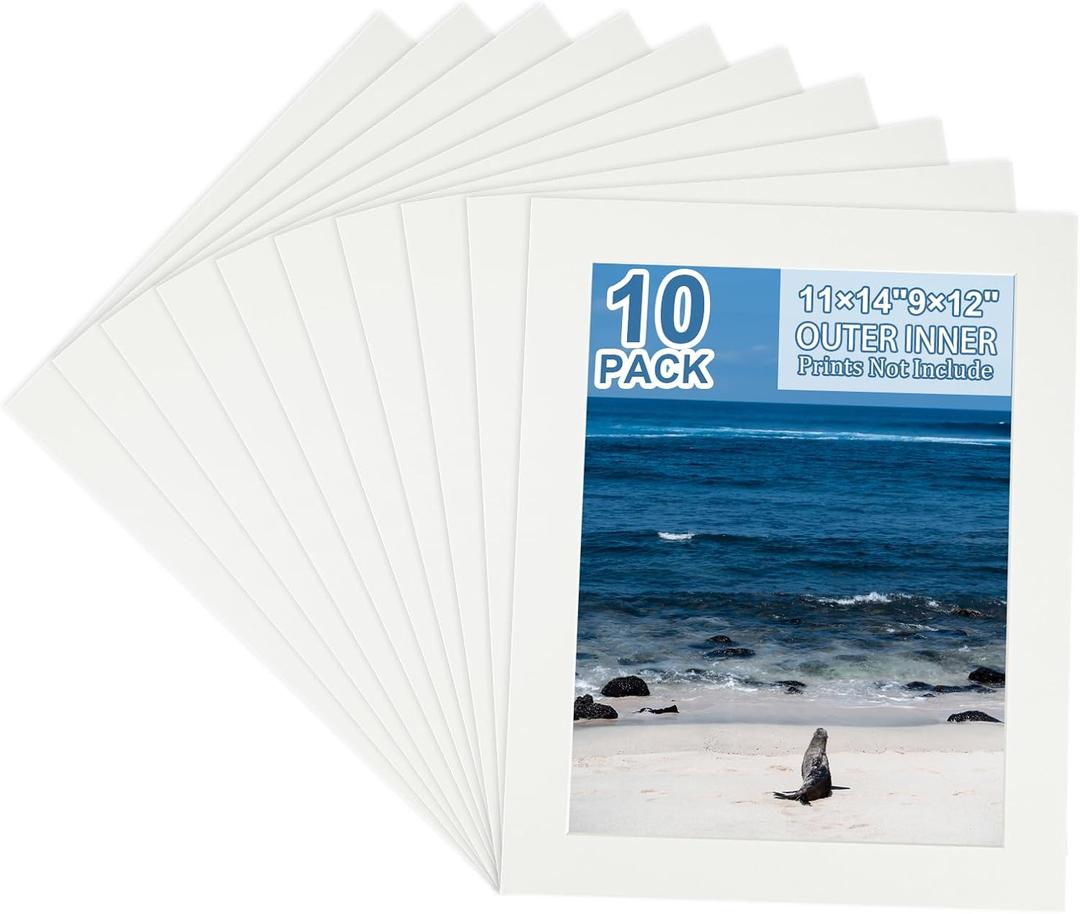 HOTUO 10 Pack Acid Free Ivory 11x14 Picture Frame Mats for 9x12, Pre-Cut with Ivory Core Bevel Cut, 4 Ply Thickness Photo Mat for Frames/Artwork/Prints/Pictures(Off-white)
