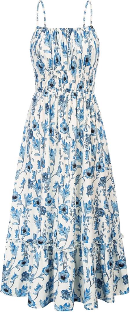 GRACE KARIN Womens 2025 Summer Maxi Dress Sleeveless Floral Spaghetti Strap Smocked Boho Beach Long Dress with Pockets (Large)