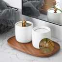 2 Pack Ceramic Qtip Holder Dispenser with Gold Lids, White Apothecary Jars Bathroom Vanity Organizer for Home Decor - Bathroom Canister for Cotton Swabs, Rounds, Balls, Makeup Sponges, Bath Salts