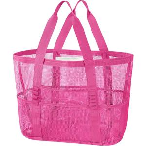 Mesh Beach Bag, Large Beach Tote Bags for Women Foldable Mesh Swimming Pool Bag with Mini Pockets - Sandproof, Waterproof, Pink (Pack of 3)