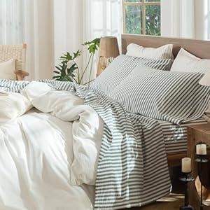 MooMee Striped Sheet Set 100% Washed Cotton Linen Like Textured Breathable Durable Soft Comfy (Heathered Green Classic Stripes, King)