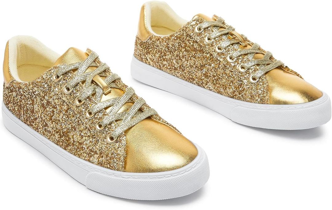 AISFAES Glitter Sparkly Low Top Sequins Lace Up Tennis Shoes Comfort Bling Fashion Shiny Walking Shoes (9 Women/7.5 Men)
