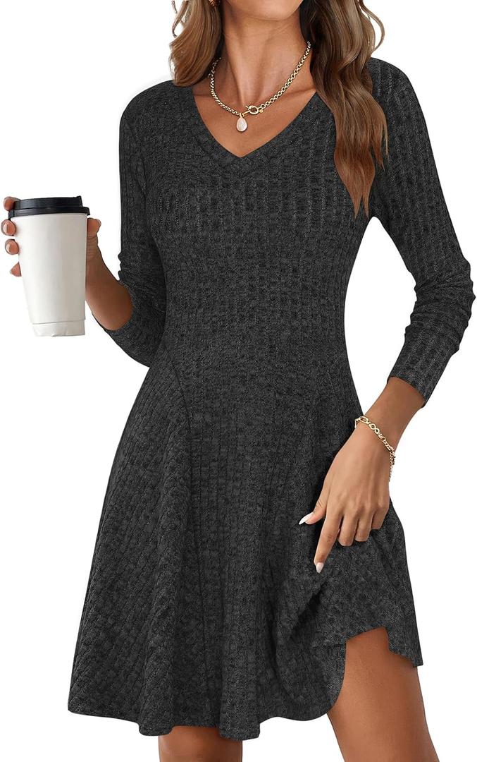 ANRABESS Women Long Sleeve Ribbed Knit Short Dresses 2026 Spring V Neck Casual Swing A Line Sweater Dress (Black, L)