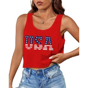 Aluvee USA 4th of July Tank Tops Women Red White and Blue Shirts Tank Tops American Patriotic Flag Crop Sleeveless Tee (L)