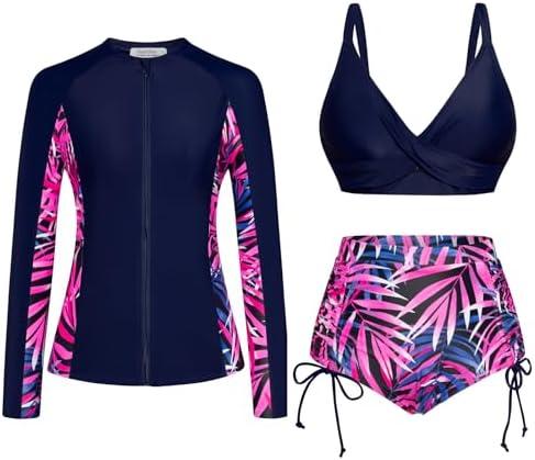 JASAMBAC Women 3 Piece Rash Guard Long Sleeve Zip Up Swimsuits with Boyshort UV UPF 50+ Swim Shirt Built in Bra Size 2XL