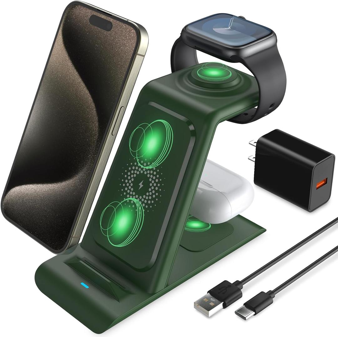 HATALKIN 3 in 1 Wireless Charging Station Compatible for Apple Products Multiple Devices Charger for Apple Watch Ultra 11 10 9 8 7 SE Air Pods Pro iPhone 17 16 15 14 13 Pro Max/X/XS Fast Charger Stand (Green)