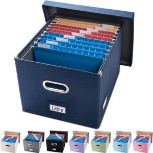 PRANDOM File Organizer Box - Set of 1 Collapsible Decorative Linen Filing Storage Hanging File Folders with Lids Office Cabinet Letter/Legal Size Navy Blue (17x14x11.2 inch)
