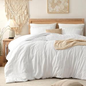 BESTSWEETIE White Duvet Cover California King Size - Striped Tufted Duvet Cover Set with Zipper Closure, 3pcs Soft Microfiber Boho Bedding Set for All Seasons (Cal King, 104"x98")