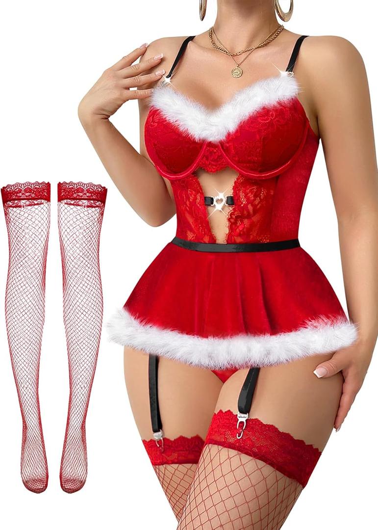 Lilosy Sexy Stocking Rhinestones Heart Garter Underwire Floral Mesh lace Sheer Babydoll Lingerie Teddy Bodysuit Skirt Set (Lover Fleece Red) XL
