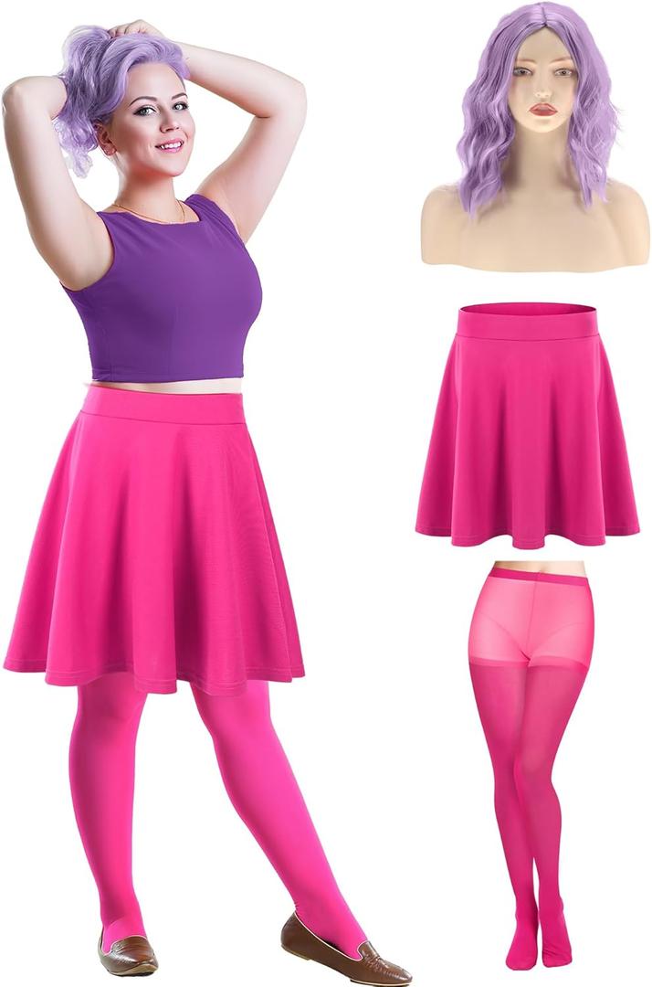 Mepase 3 Pcs Halloween Witch Mad Madam Costume Accessories Wizard Duel Cosplay Include Half Length Skirt Purple Short Wig and Sock for Women Animated Movie Cosplay