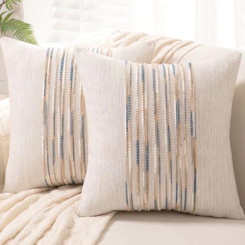 WANLIRD Boho Throw Pillow Covers 18x18 Set of 2 Farmhouse Decorative Cushion Case Striped Square Pillows Cover Chenille Pillow Cases Accent Neutral Pillowcase for Sofa Couch Bed,Yellow-Blue