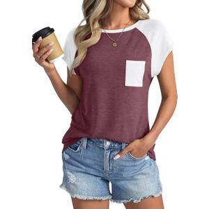 Womens Cap Sleeve Crew Neck T Shirts Loose Fit Short Sleeve Shirts Casual Summer Tops 2025 (XX-Large), Burgundy White