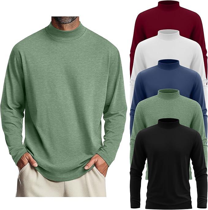 5 Pack Mens Big and Tall Mock Turtleneck Long Sleeve Shirts Plus Size Basic Casual Thermal Pullover Tops (4X-Large, Black, White, Wine Red, Gray Green, Haze Blue)