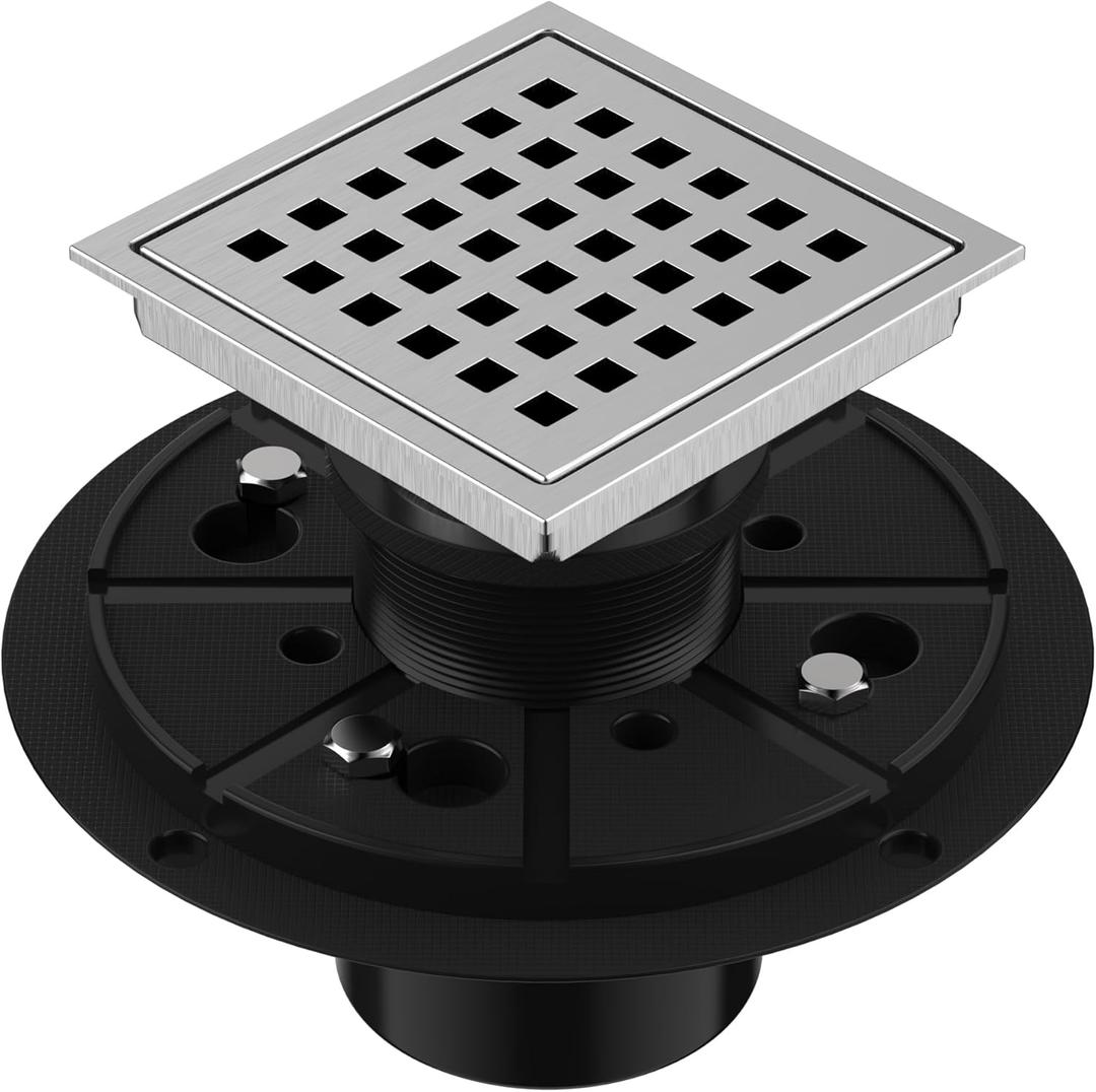 EXF Square Shower Drain 4-3/8 Inch Brushed Nickel, Stainless Steel Shower Floor Drain Kit with ABS Flange, Removable Cover Grid Grate, Hair Strainer