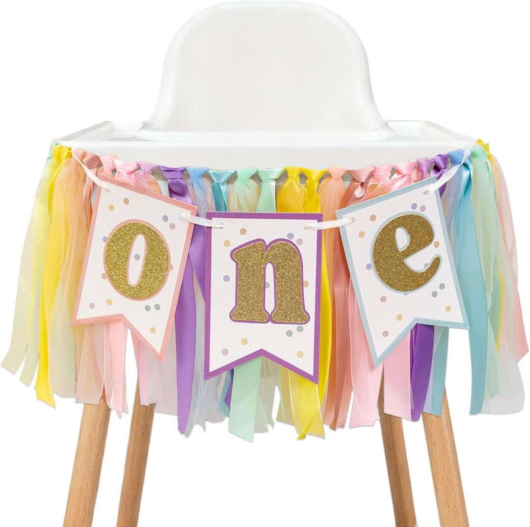Rainbow High Chair Banner 1st Birthday - Sweet One Highchair Banner, Pastel Rainbow Ribbon Garland Decor for First Birthday Party, Smash Cake, Photo Props