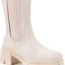 TINSTREE Women's Lug Sole Platform Boots Mid Calf Elastic Chunky Block Heel Leather Chelsea Booties (9, White)