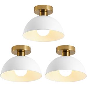 3-Pack Industrial Semi Flush Mount Ceiling Light with Gold Plate and White Shade, Farmhouse Ceiling Light Fixture for Kitchen Island Dining Room Foyer Hallway Porch Barn Loft10in