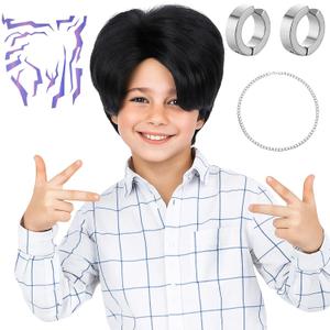 Short Black Synthetic Hair Costume Wig with Ear Clips, Necklace and 2 PCS Tattoos Natural Looking Cosplay Wigs for Halloween Party, Cosplay Events (Black)