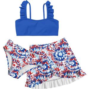 ALISISTER Girls Swimsuit 3 Piece Bathing Suits for 5-12 Years Hawaiian Bikini Set with Cover Ups Skirt (Usa Flag-4)