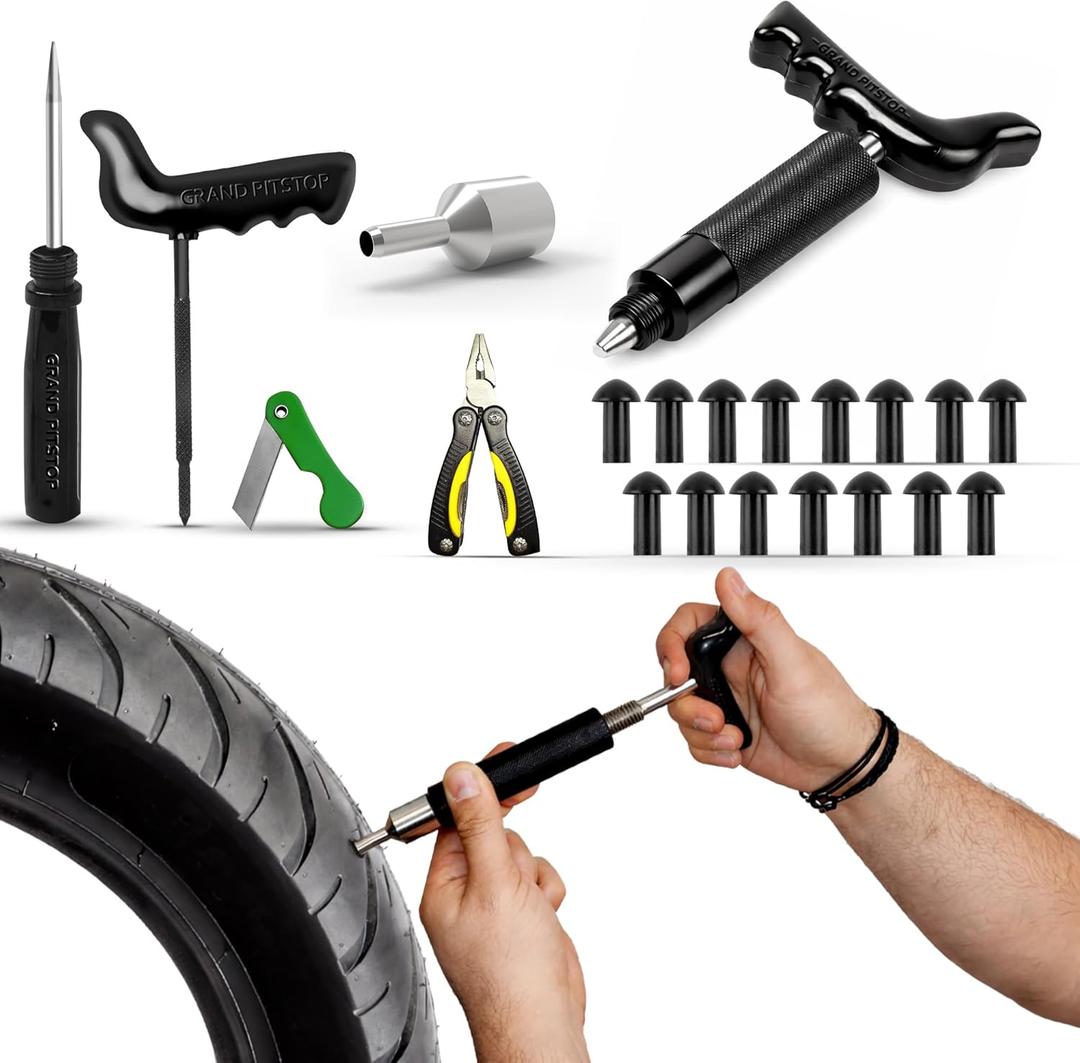 GRAND PITSTOP 22 Pcs Tire Puncture Repair Kit with Multi-Functional Folding Plier Compatible for car Motorcycle, Truck, ARB,ATV, Tractor, RV, SUV, Trailer (15 Mushroom Plugs)