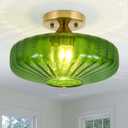 Semi Flush Mount Ceiling Light,Green Glass Vintage Ceiling Light Gold Base 12Inch E26 Base, Hallway Vintage Lights for Living Room, Kitchen, Bathroom 1 Light(Bulb Not Included)
