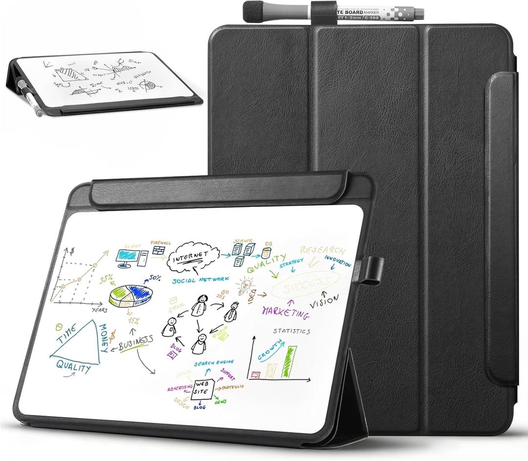CoBak Glass Portable White Board Desktop Easel 12x9 inch (A4) - Book Folio Tri-fold Design Clean Glass Dry Erase Board with 3 Markers, Anti-Ghosting Suface for Office, Business and School (Black)