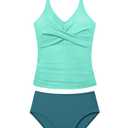 Girls Swimsuit Size 8-10 Two Piece Girl Bathing Suit Halterneck Lace-up Front Cross Tummy Control Slimming Tankini Girl's Swimwear Set Lake Blue (Green)