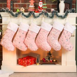 Pink Christmas Stockings Set of 6 - Lage Elegant Faux Fur Xmas Stockings with Silver Christmas Tree Snowflake Designs, Pink Christmas Decoration for Holiday Party Home