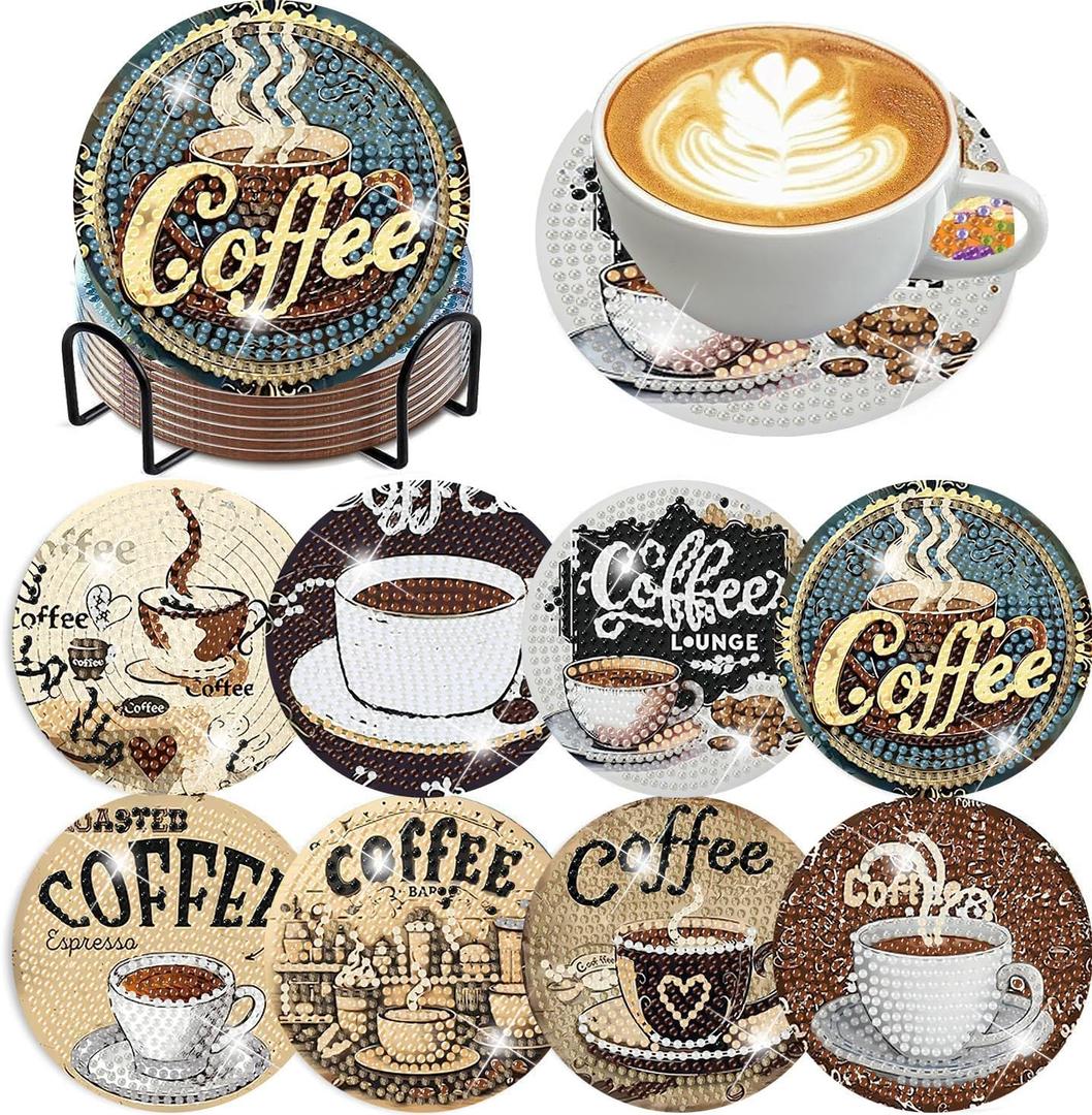 Ekuxom 8 PCS Coffee Diamond Art Coasters Kits with Holder, Diamond Painting Coasters Kits, Non Slip DIY Crafts Art Coaster Kit for Home Decor