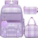 KEBEIXUAN Girls Backpack - 3PCS Cute Plaid School Bookbag Set for Ages 6-12 with Lunch Box & Pencil Case, Lightweight Multi-Pocket Daypack for Elementary, Travel (Purple)