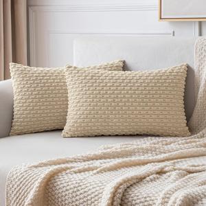 MIULEE Pack of 2 Decorative Lumbar Throw Pillow Covers 12x20 Inch Soft Boho Striped Textured Corduroy Pillow Covers Modern Farmhouse Home Decor for Couch Bed Sofa Living Room Beige