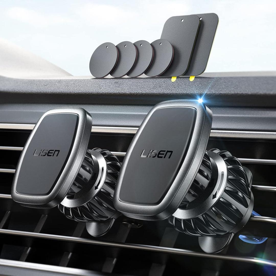 LISEN 2 Pack Magnetic Phone Holder for Your Car Magnet for Phone Car Mount Vent 6 Military Magnets Vent Cell Phone Holder Mount for Car Plate Fit All, Gifts for Women Men, Car Accessories (Black)