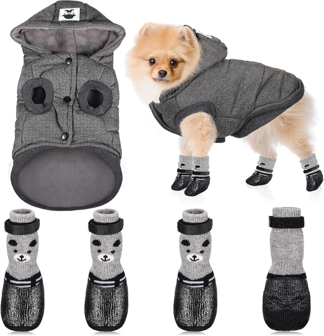 Winter Dog Coat Warm and Cat Boots Shoes Socks Waterproof Puppy Jacket Small Dog Booties Paw Protectors Stylish Hooded Coat for Puppy(Grey,L)
