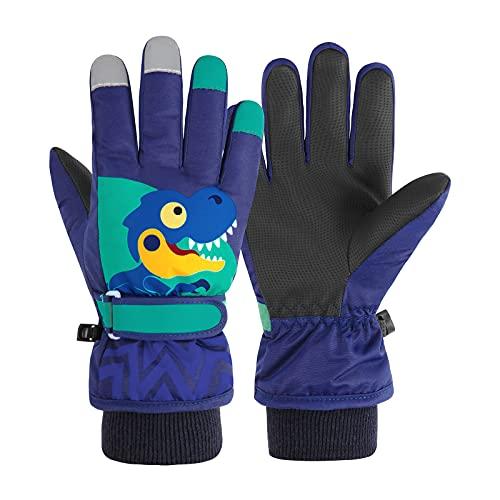 Kids Winter Gloves Waterproof Girls Boys Warm Snow Toddler Finger Gloves Mittens Navy Dinosaur S