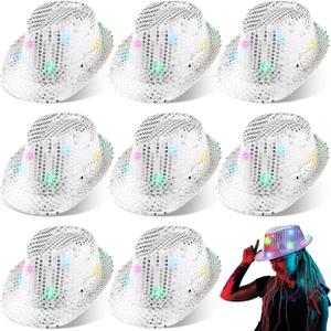 Coume 8 Pcs Light up Hats Bulk LED Cowboy Cowgirl Sequin Hats Rave Costume for Wedding Disco Glow in The Dark Party