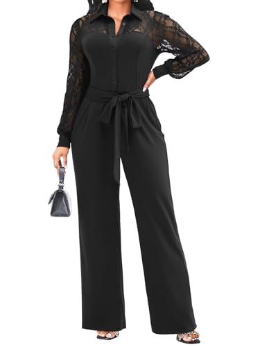 Elegant Jumpsuit for Women Dressy Sexy Lace Puff Sleeve Wide Leg Pant Suit One Piece Formal Outfits Black M