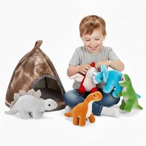 Stuffed Toy Dinosaur Animal Set – Set of 4 Dino Stuff Toy for Toddlers – with Volcano Zipper Carry Bag – Bright & Vibrant Plush Toy Set – Stuffed Dinosaur Toy for Kids –Easy to Carry