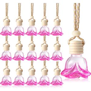 20 Pieces Hanging Car Air Freshener Gradient Pink Diffuser Bottles Empty Glass Perfume Refillable Essential Oil Aromatherapy Diffuser Pendant for Auto Interior Accessories(Flower Style)