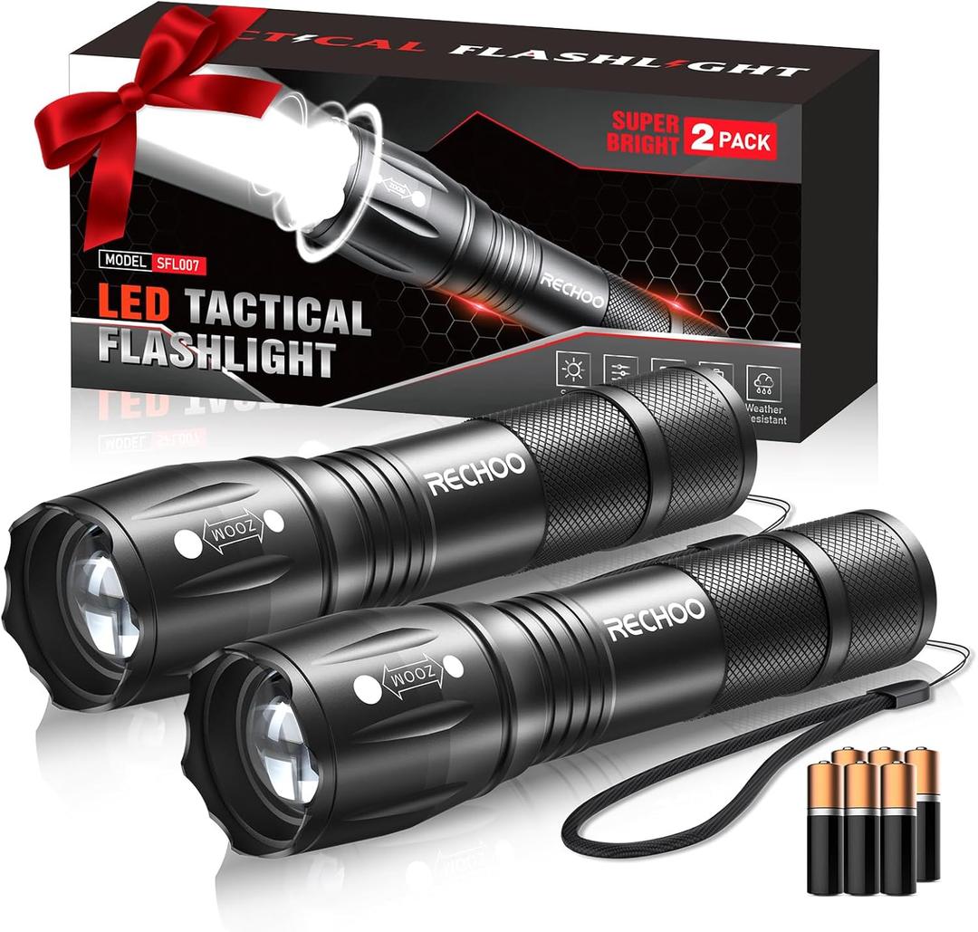 RECHOO LED Flashlight 2 Pack, Tactical Flashlights High Lumens with 3 Modes, Pocket Small Flash Light, Waterproof Zoomable Flashlights for Home Emergency, Camping Essentials (Battery Included) (Black)