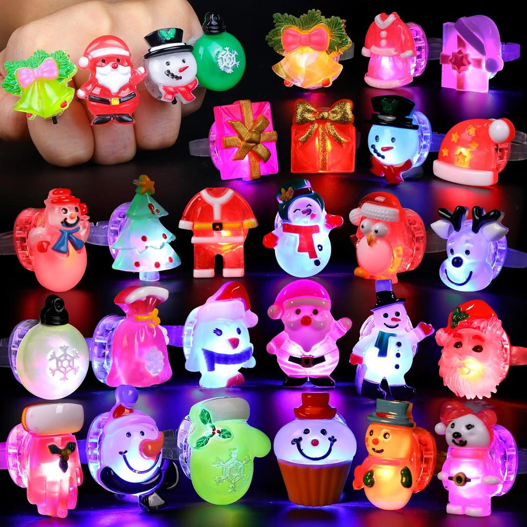FLY2SKY Christmas Party Favors 25Pcs 3D LED Finger Lights for Kid & Adults Toys Light Up Rings Stocking Stuffers Party Favors Assorted Styles Gift Package No-Repeat Non-Candy Gift New Version