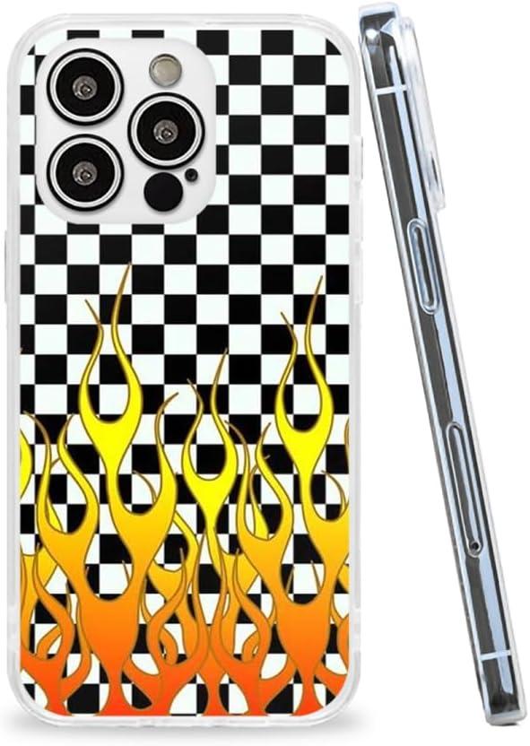 Phone Case Compatible with iPhone 12 Mini Case Shock White Checkered Flames Transparent Case