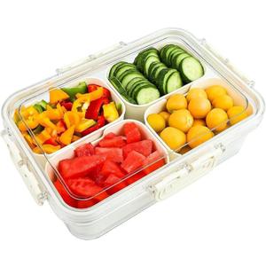 Plastic Divided Serving Tray with Lid and Handle Snack Box Charcuterie Container Portable Snack Platters Organizer for Candy, Fruits, Snacks, Nuts, for Party, Entertaining (White 4 compartments)