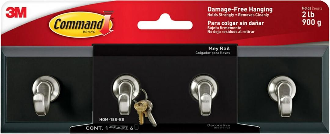 3M Command HOM18SES Decorative Key Rail, 8w x 1 1/2d x 2 1/8h, Black/Silver, 4 Hooks/Pack