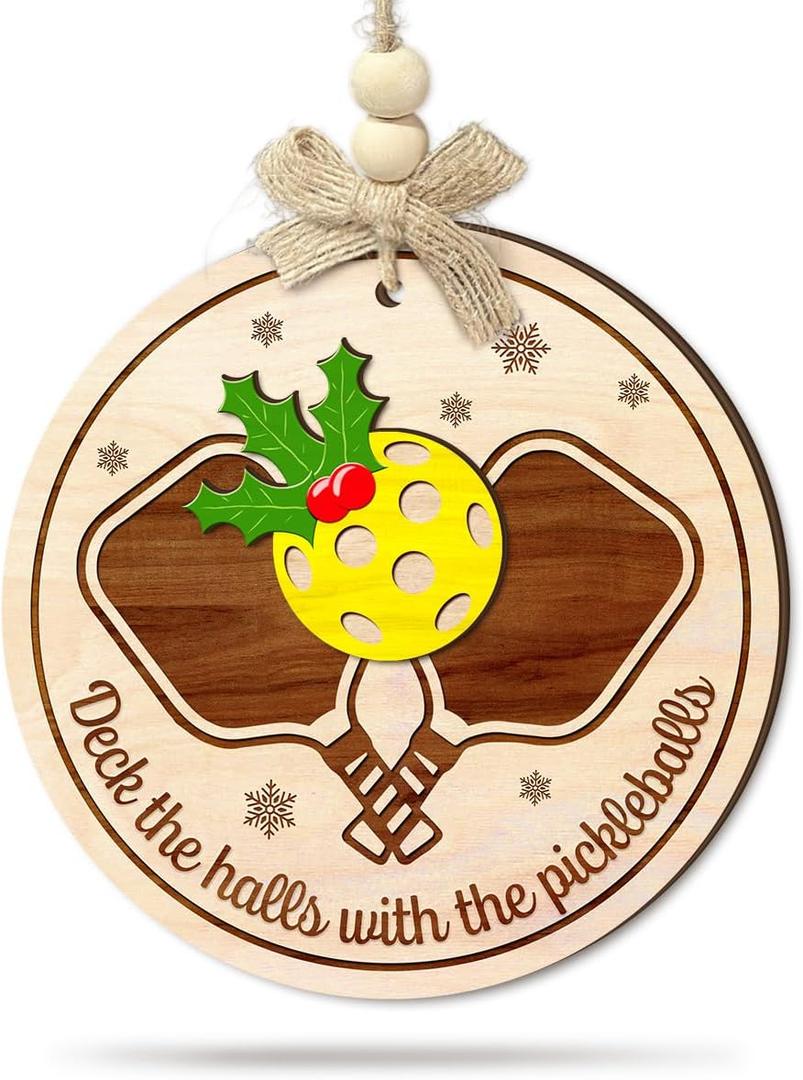 2 x Pickleball Christmas Ornament - Funny Wood Holiday Decor for Pickleball Lovers, Paddle and Ball Tree Hanging Gift for Player, Coach, or Team - Sports Xmas Keepsake, 2 Layer Wood