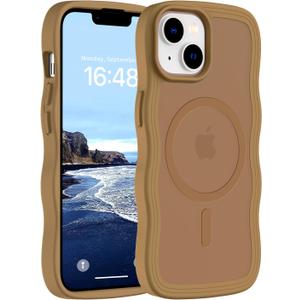 Hualele Magnetic for iPhone 13 & iPhone 14 Case, Compatible with MagSafe, Military Grade Dropproof Translucent Matte Back Cute Curly Wave Edge Slim Phone Case,Brown