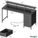 Huuger 55 Inch Computer Desk with Power Outlets and LED Lights, Gaming Desk with 4 Drawers, Office Desk with Monitor Stand, Study Work Home Office, Black