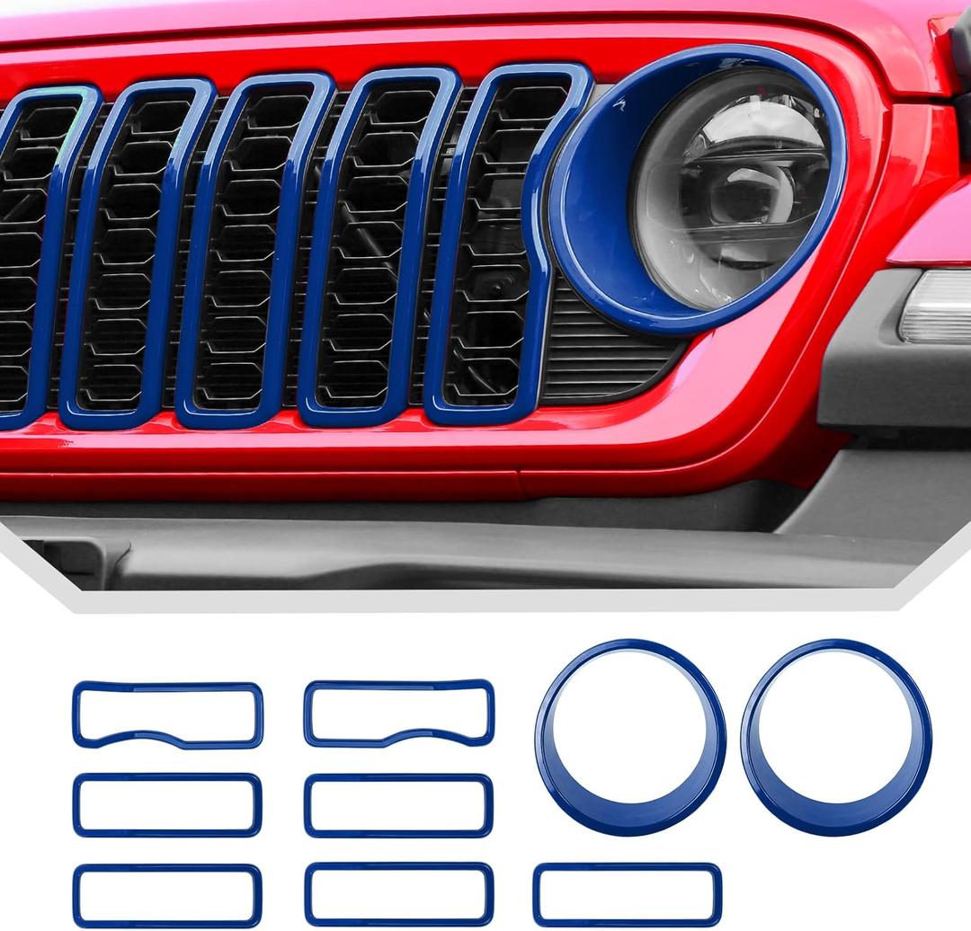 Blue Grill Inserts for 2024 2025+ Jeep Wrangler JL Grille Cover & Headlight Cover Trim Accessories